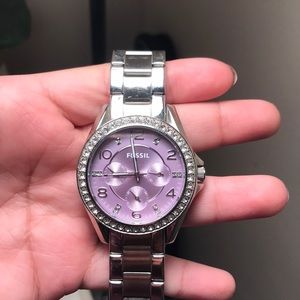 Silver Fossil Watch with light purple face